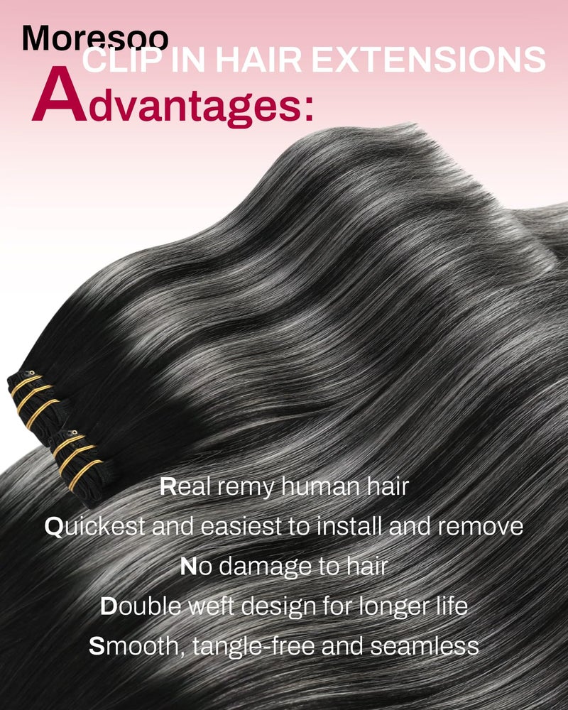 Moresoo Silver Grey Hair Extensions Real Human Hair Clip ins Balayage Natural Black to Silver Clip in Hair Extensions for Volume Remy Human Hair Long Straight Can Be Curled Full Head 120g/7pcs 18in - Image 2